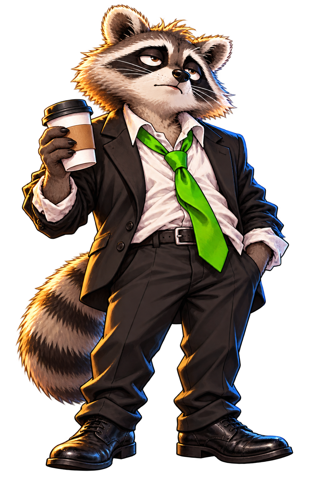 Tired but determined raccoon CEO in a green tie